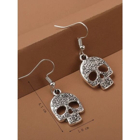 Silver Skull Etched Drop Earrings - Picture 5 of 5
